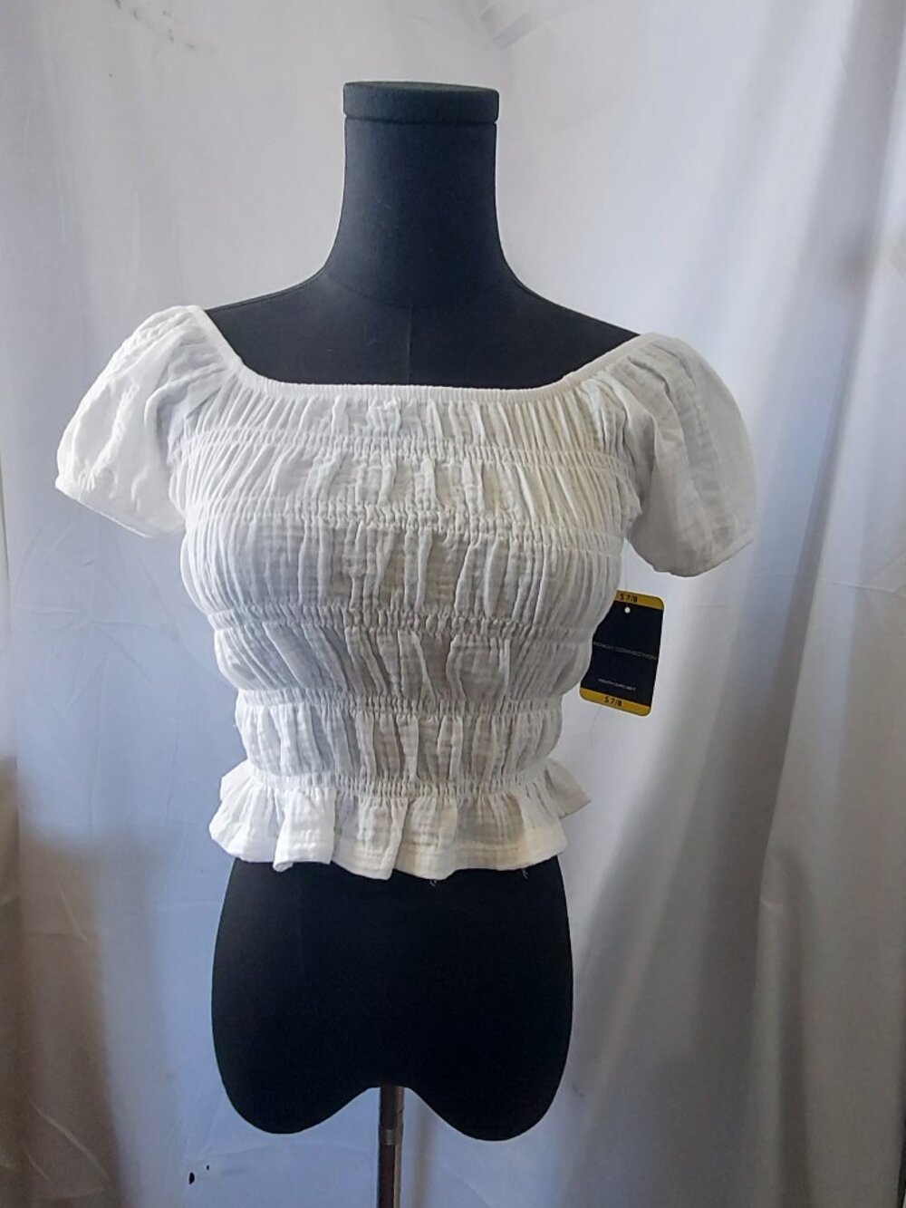 French Connection White 100% Cotton Smocked Peasant Top S